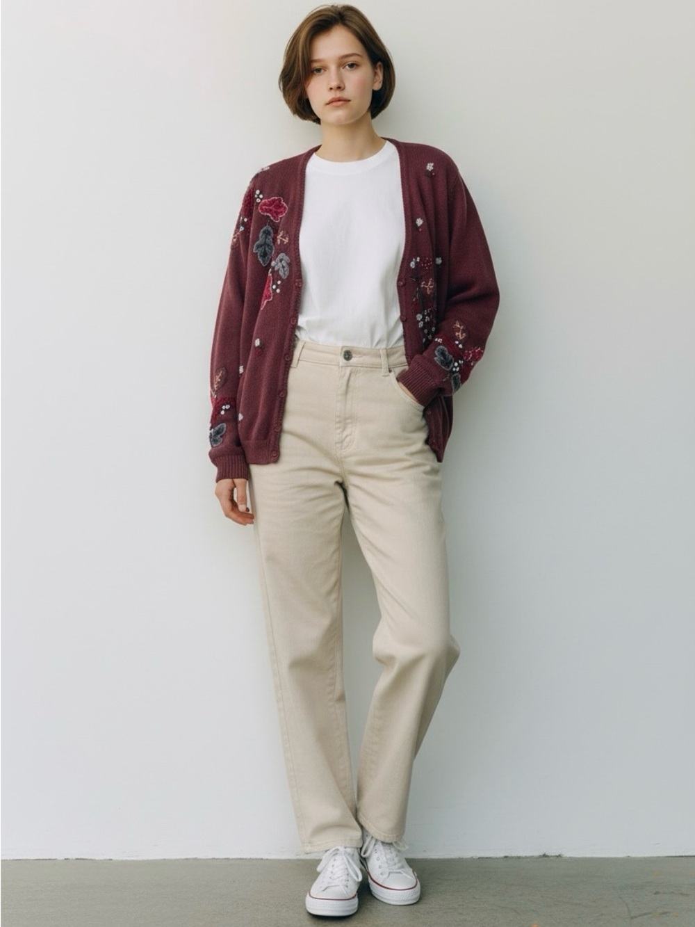 Vintage Tiara Embroidered Burgundy Floral Cardigan Jacket - Women